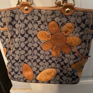 Designer Floral Embroidered Tote Bag - Tan and Gray